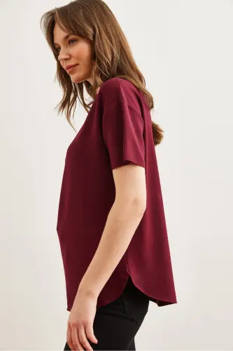 Kadın Bordo Modal Tuşeli Yumuşak Dokulu Altı Oval Tişört TSH-19000771-Bordo - 4