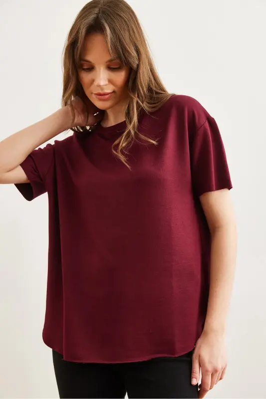 Kadın Bordo Modal Tuşeli Yumuşak Dokulu Altı Oval Tişört TSH-19000771-Bordo - 5