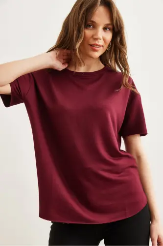 Kadın Bordo Modal Tuşeli Yumuşak Dokulu Altı Oval Tişört TSH-19000771-Bordo - 6