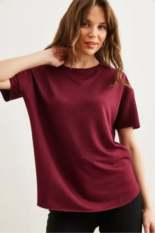 Kadın Bordo Modal Tuşeli Yumuşak Dokulu Altı Oval Tişört TSH-19000771-Bordo - 6