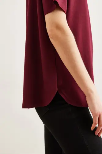 Kadın Bordo Modal Tuşeli Yumuşak Dokulu Altı Oval Tişört TSH-19000771-Bordo - 7