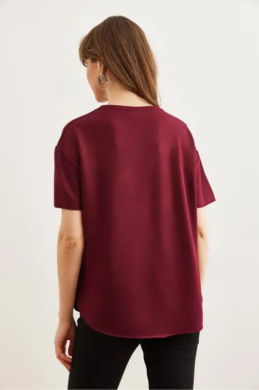 Kadın Bordo Modal Tuşeli Yumuşak Dokulu Altı Oval Tişört TSH-19000771-Bordo - 8