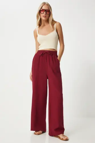 Kadın Bordo Müslin Palazzo Pantolon MX00160 - Bordo 