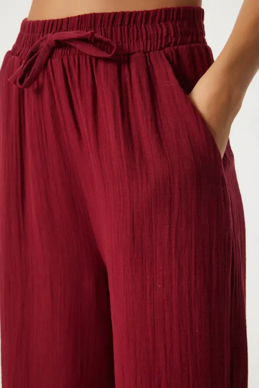 Kadın Bordo Müslin Palazzo Pantolon MX00160 - Bordo - 4