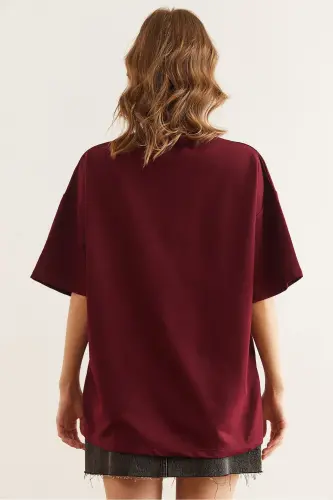 Kadın Bordo Nakış Detaylı Rahat Kalıp Tişört TSH-19000840-Bordo - 2