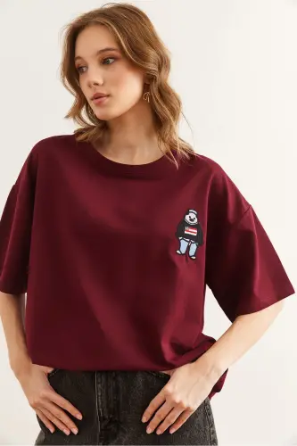 Kadın Bordo Nakış Detaylı Rahat Kalıp Tişört TSH-19000840-Bordo - 4