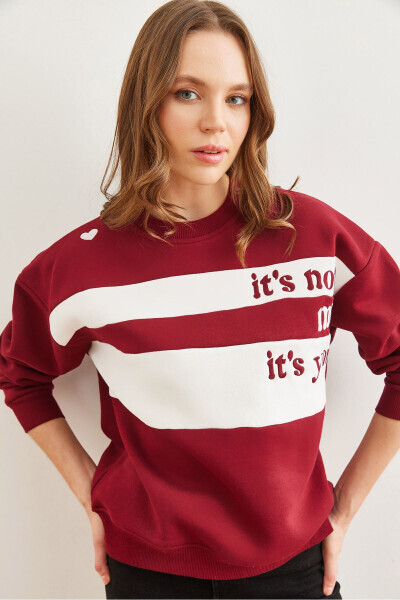 Kadın Bordo Omuz Kalp Nakışlı Şardonlu Sweatshirt SWT-19000705 - Bordo - 1