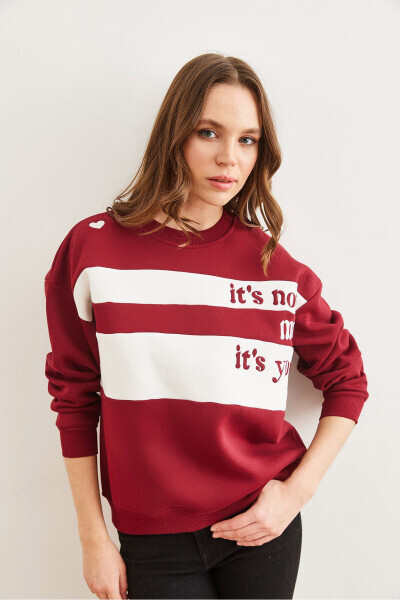 Kadın Bordo Omuz Kalp Nakışlı Şardonlu Sweatshirt SWT-19000705 - Bordo - 2
