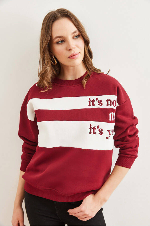 Kadın Bordo Omuz Kalp Nakışlı Şardonlu Sweatshirt SWT-19000705 - Bordo - 3