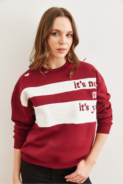 Kadın Bordo Omuz Kalp Nakışlı Şardonlu Sweatshirt SWT-19000705 - Bordo - 4