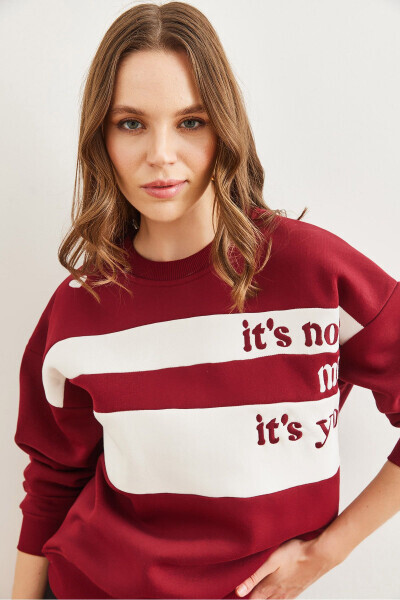 Kadın Bordo Omuz Kalp Nakışlı Şardonlu Sweatshirt SWT-19000705 - Bordo - 5