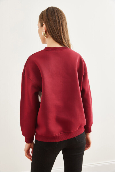 Kadın Bordo Omuz Kalp Nakışlı Şardonlu Sweatshirt SWT-19000705 - Bordo - 6