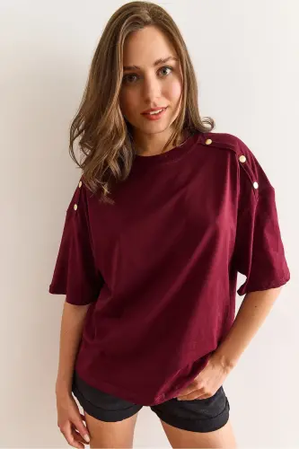 Kadın Bordo Omuzu Gold Düğmeli Pamuk Tişört TSH-19000763 - Bordo - 4