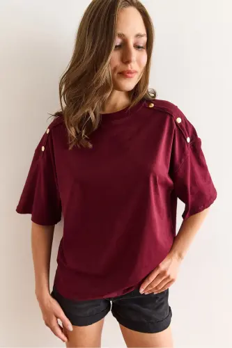 Kadın Bordo Omuzu Gold Düğmeli Pamuk Tişört TSH-19000763 - Bordo - 5