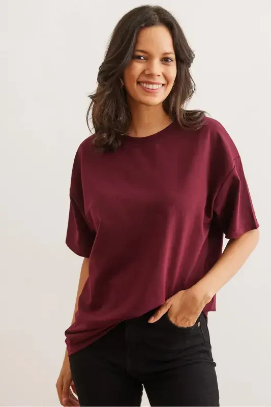 Kadın Bordo Ön Arka Baskılı 2 iplik Unisex Oversize Tişört TSH-19000696-Bordo - 3