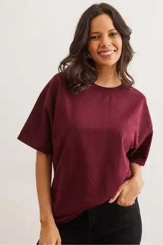 Kadın Bordo Ön Arka Baskılı 2 iplik Unisex Oversize Tişört TSH-19000696-Bordo - 4
