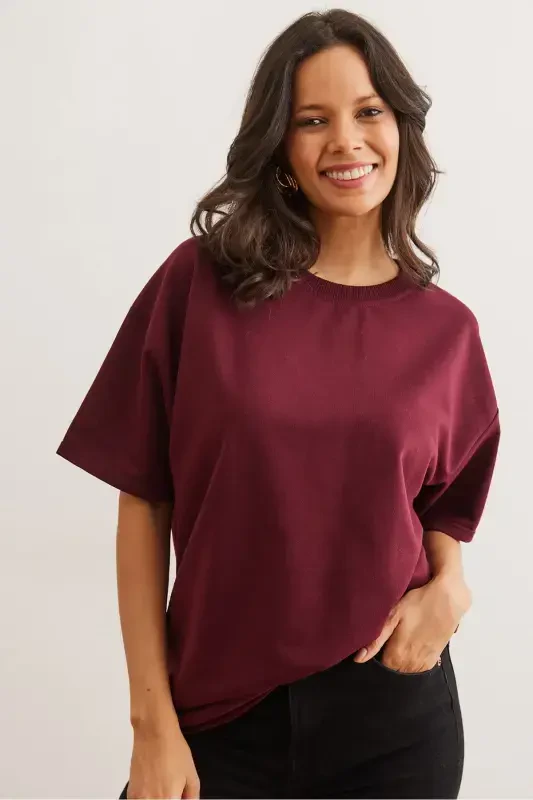 Kadın Bordo Ön Arka Baskılı 2 iplik Unisex Oversize Tişört TSH-19000696-Bordo - 4