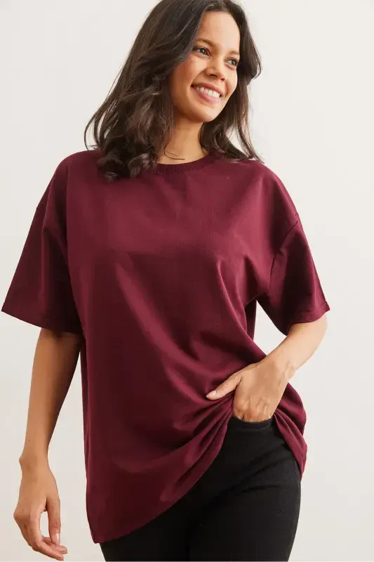 Kadın Bordo Ön Arka Baskılı 2 iplik Unisex Oversize Tişört TSH-19000696-Bordo - 6