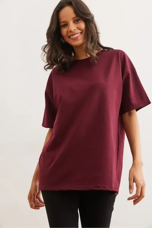 Kadın Bordo Ön Arka Baskılı 2 iplik Unisex Oversize Tişört TSH-19000696-Bordo - 7