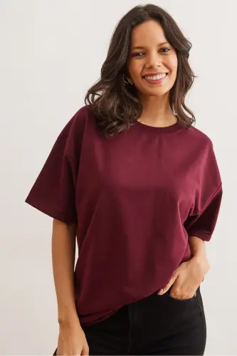 Kadın Bordo Ön Arka Baskılı 2 iplik Unisex Oversize Tişört TSH-19000696 - Bordo - 5