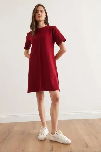 Kadın Bordo Önü Dikişli Mini Selanik Elbise ELB-19002335-Bordo - 2