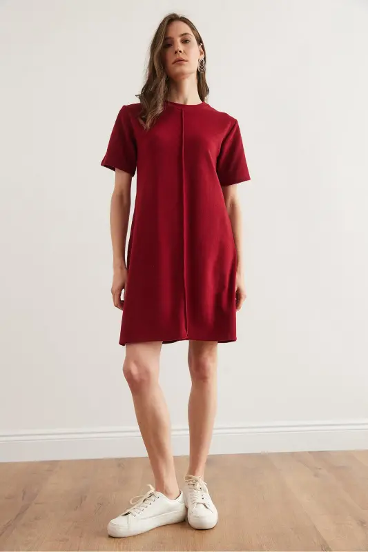 Kadın Bordo Önü Dikişli Mini Selanik Elbise ELB-19002335-Bordo - 3