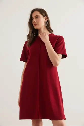 Kadın Bordo Önü Dikişli Mini Selanik Elbise ELB-19002335-Bordo - 4