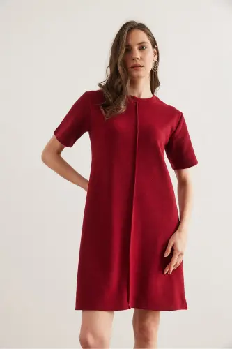 Kadın Bordo Önü Dikişli Mini Selanik Elbise ELB-19002335-Bordo - 5