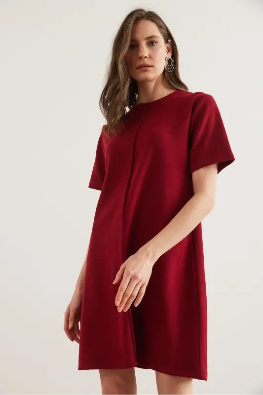 Kadın Bordo Önü Dikişli Mini Selanik Elbise ELB-19002335-Bordo - 6
