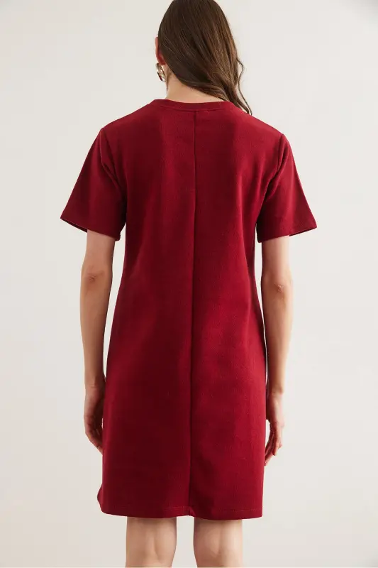 Kadın Bordo Önü Dikişli Mini Selanik Elbise ELB-19002335-Bordo - 7