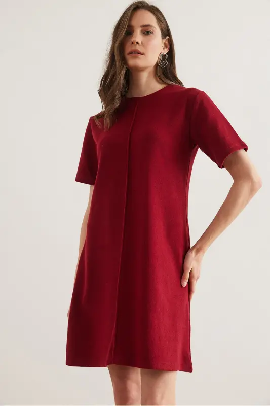 Kadın Bordo Önü Dikişli Mini Selanik Elbise ELB-19002335-Bordo - OLALOOK