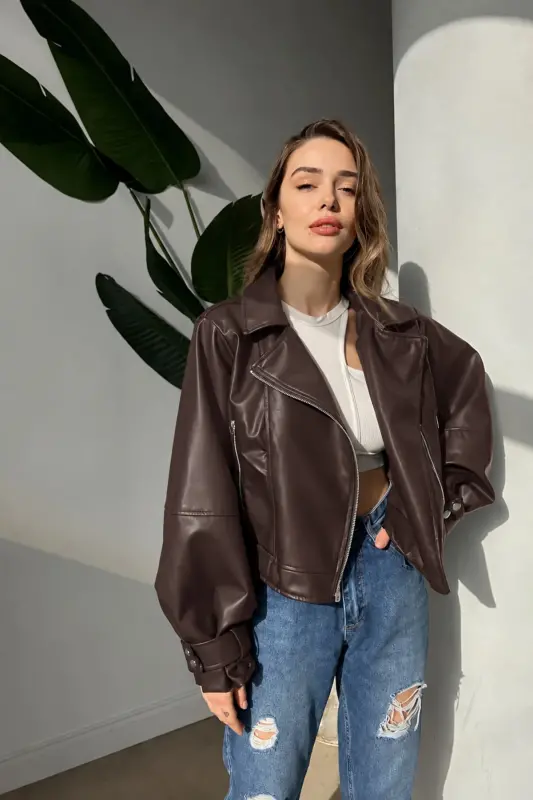 Kadın Bordo Oversize Deri Ceket - Bordo - 1