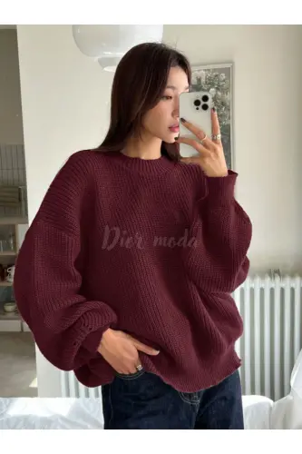 Kadın Bordo Oversize Triko Kazak - Bordo 