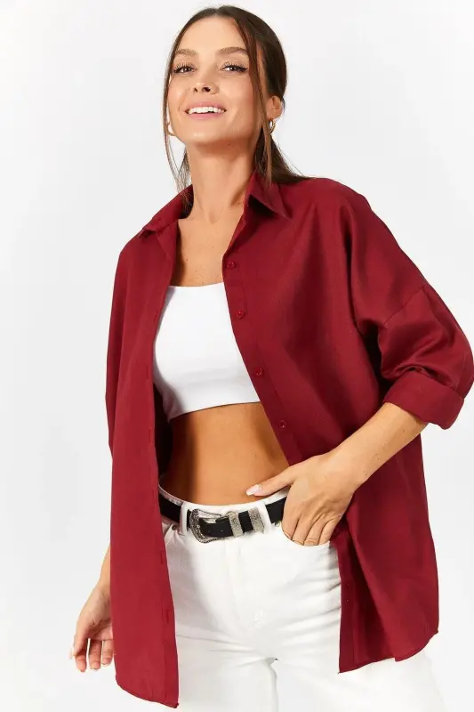 Kadın Bordo Oversize Uzun Basic Gömlek ARM-22Y001118-Bordo - 1