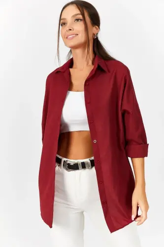 Kadın Bordo Oversize Uzun Basic Gömlek ARM-22Y001118-Bordo - 3