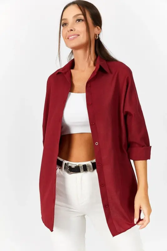 Kadın Bordo Oversize Uzun Basic Gömlek ARM-22Y001118-Bordo - 3