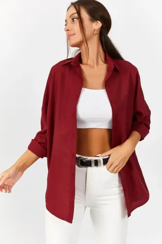 Kadın Bordo Oversize Uzun Basic Gömlek ARM-22Y001118-Bordo - ARMONIKA (1)