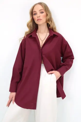 Kadın Bordo Oversize Uzun Dokuma Gömlek ALC-X6828 - BORDO - 1