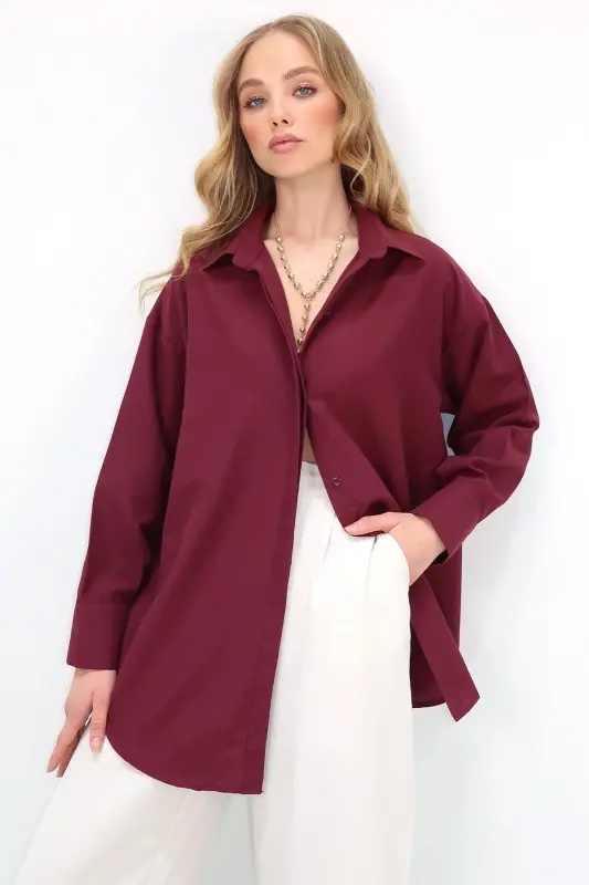 Kadın Bordo Oversize Uzun Dokuma Gömlek ALC-X6828 - BORDO - 1