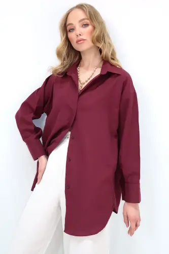 Kadın Bordo Oversize Uzun Dokuma Gömlek ALC-X6828 - BORDO - 3