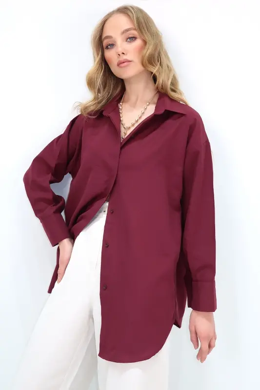 Kadın Bordo Oversize Uzun Dokuma Gömlek ALC-X6828 - BORDO - 3