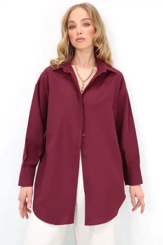 Kadın Bordo Oversize Uzun Dokuma Gömlek ALC-X6828 - BORDO - 4