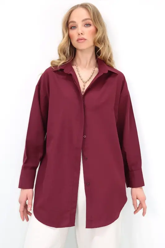 Kadın Bordo Oversize Uzun Dokuma Gömlek ALC-X6828 - BORDO - 4