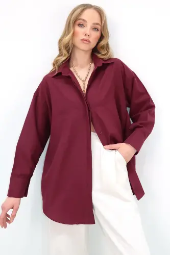 Kadın Bordo Oversize Uzun Dokuma Gömlek ALC-X6828 - BORDO - 5