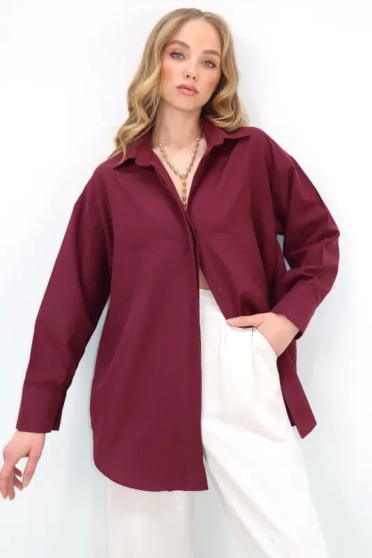 Kadın Bordo Oversize Uzun Dokuma Gömlek ALC-X6828 - BORDO - 5