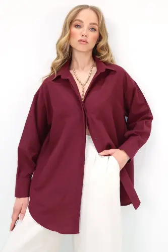 Kadın Bordo Oversize Uzun Dokuma Gömlek ALC-X6828 - BORDO - Trend Alaçatı Stili (1)