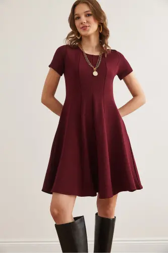 Kadın Bordo Parçalı Trend Mini Kloş Elbise ELB-19002348 - Bordo - 4