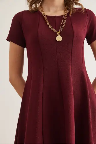 Kadın Bordo Parçalı Trend Mini Kloş Elbise ELB-19002348 - Bordo - 5