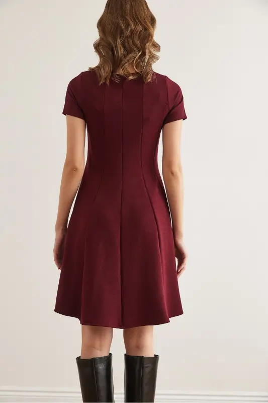 Kadın Bordo Parçalı Trend Mini Kloş Elbise ELB-19002348 - Bordo - 6
