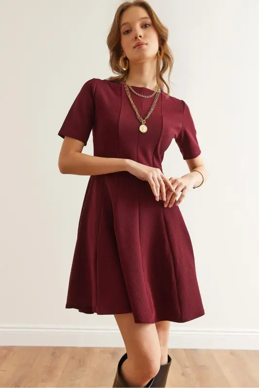 Kadın Bordo Parçalı Trend Mini Kloş Elbise ELB-19002344 - Bordo - 1